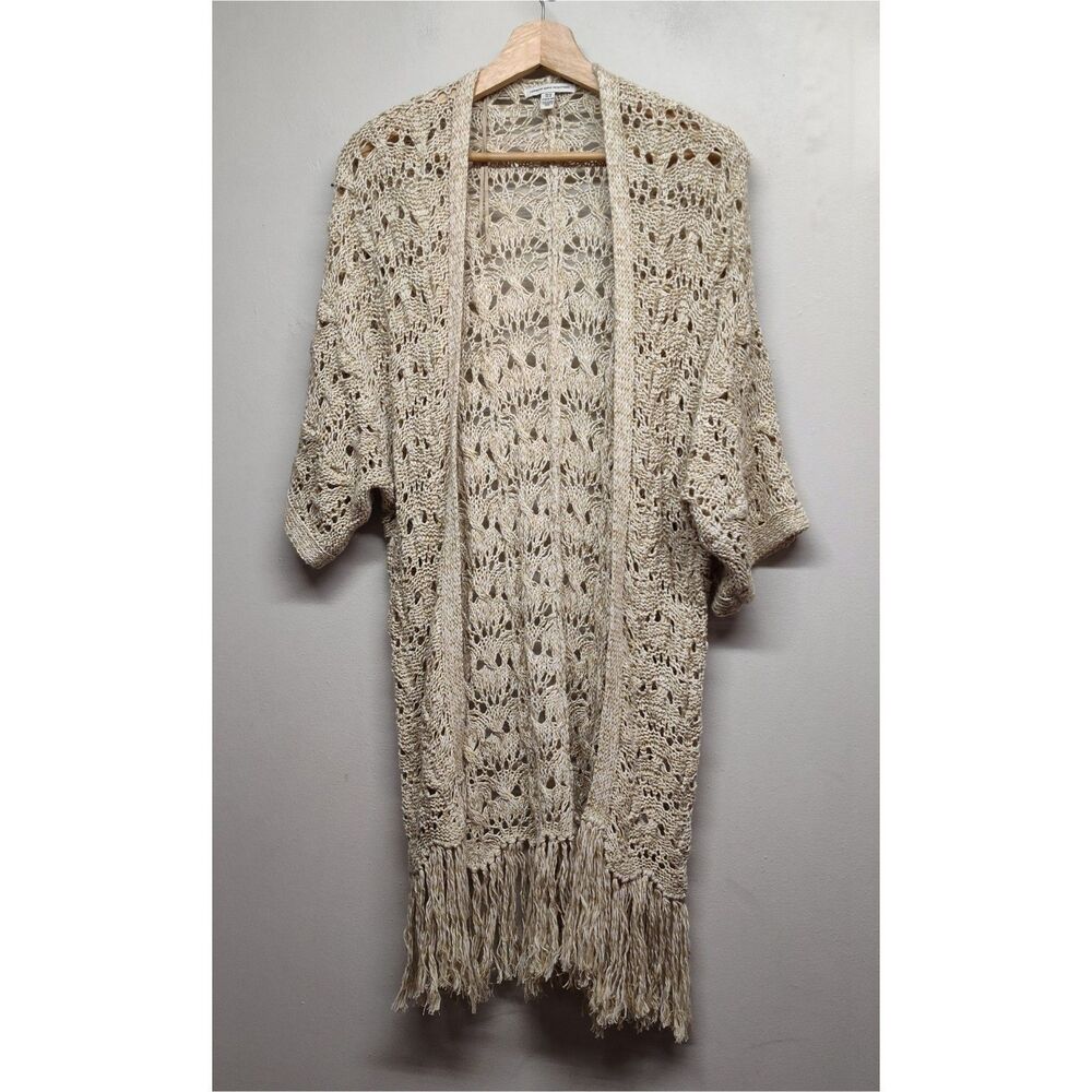 American Eagle Crochet Kimono Women XS Tan Open Fringe Beachy Boho Resortwear